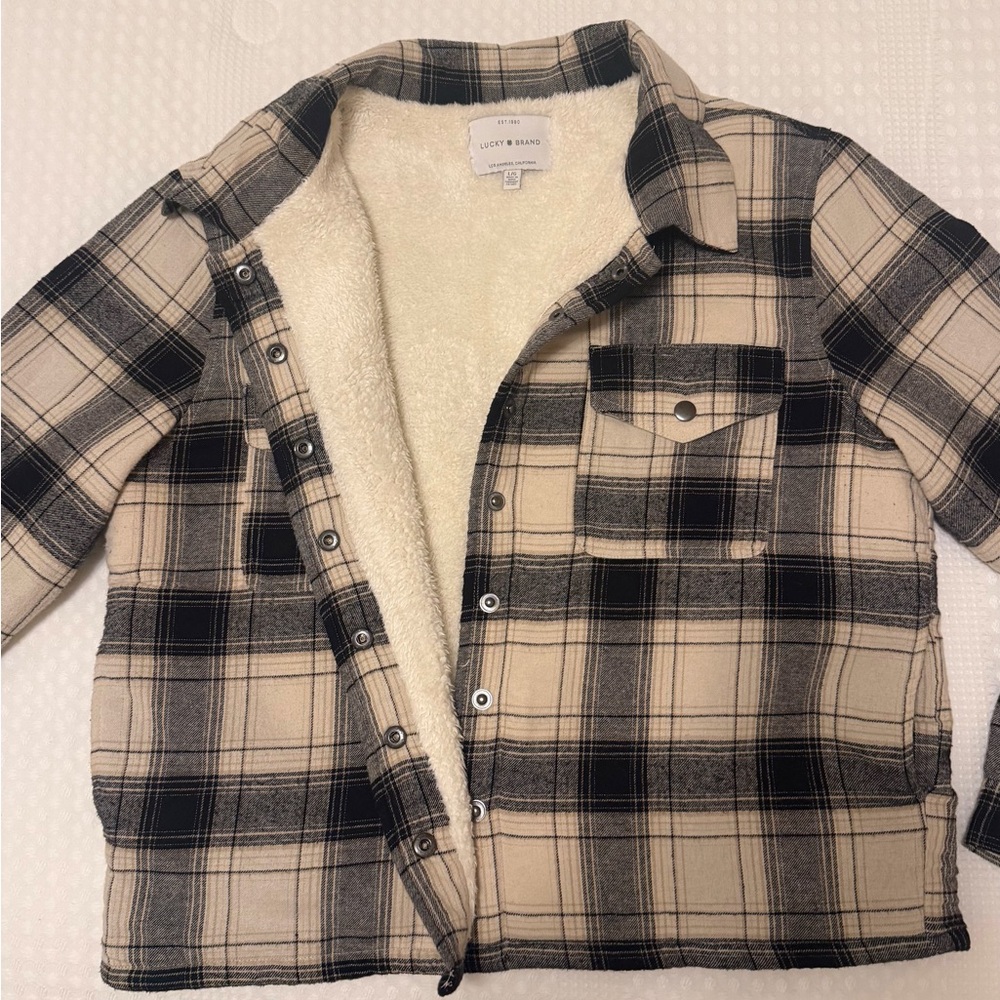 Lucky Brand Beige and Black Plaid Sherpa Jacket